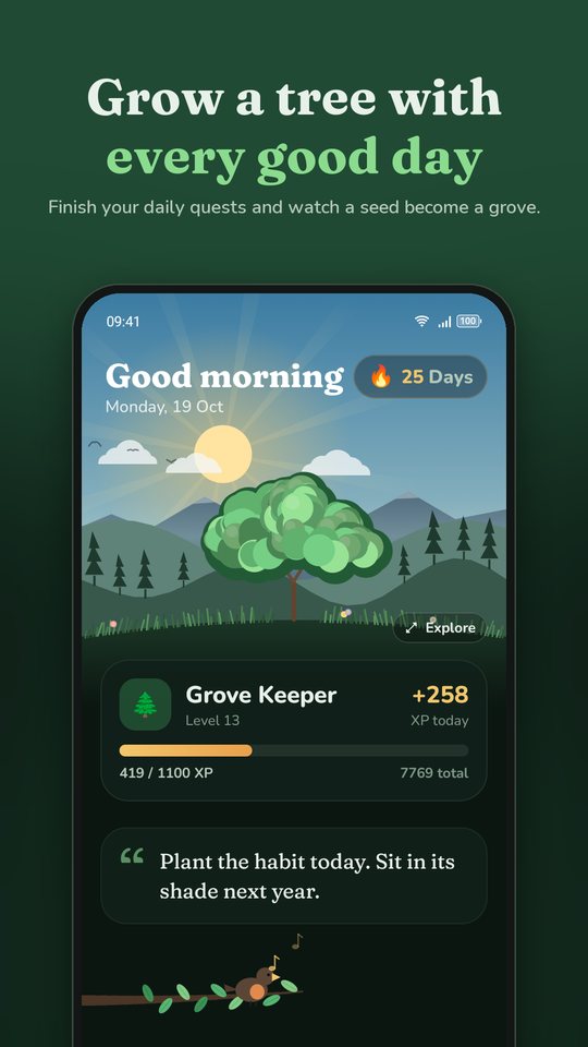 The Today screen with the grown tree and the day's XP